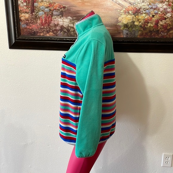 Lands' End Heritage Fleece T-Snap Stripes Pullover Jacket Size L/P 14-16 Pockets - Picture 2 of 13